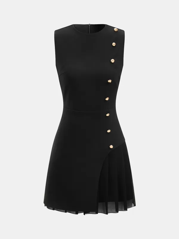 Button Detail Pleated Hem Sleeveless Mini Dress made by COMMENSE