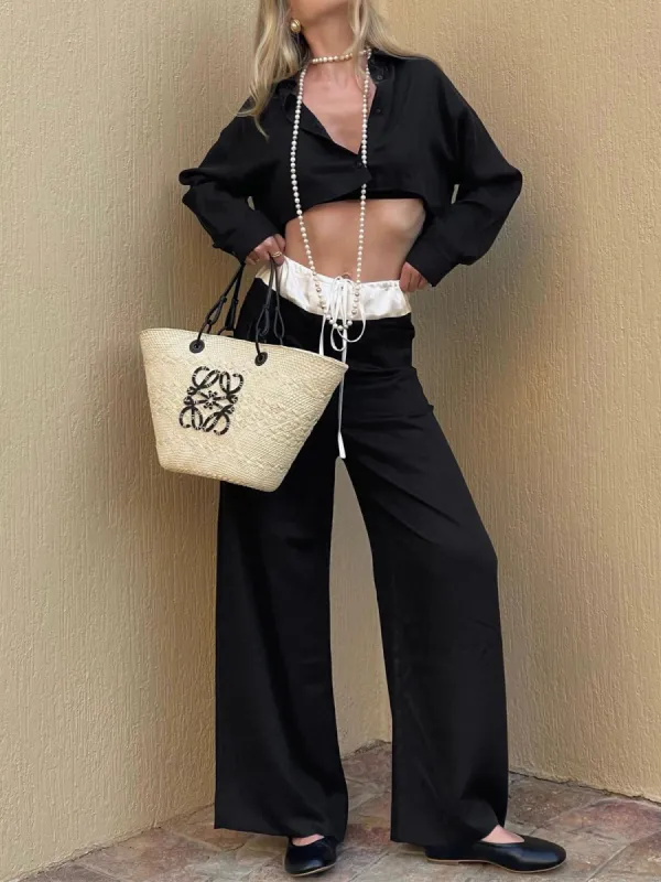 Patchwork Waistband Wide Leg Pants sold by COMMENSE