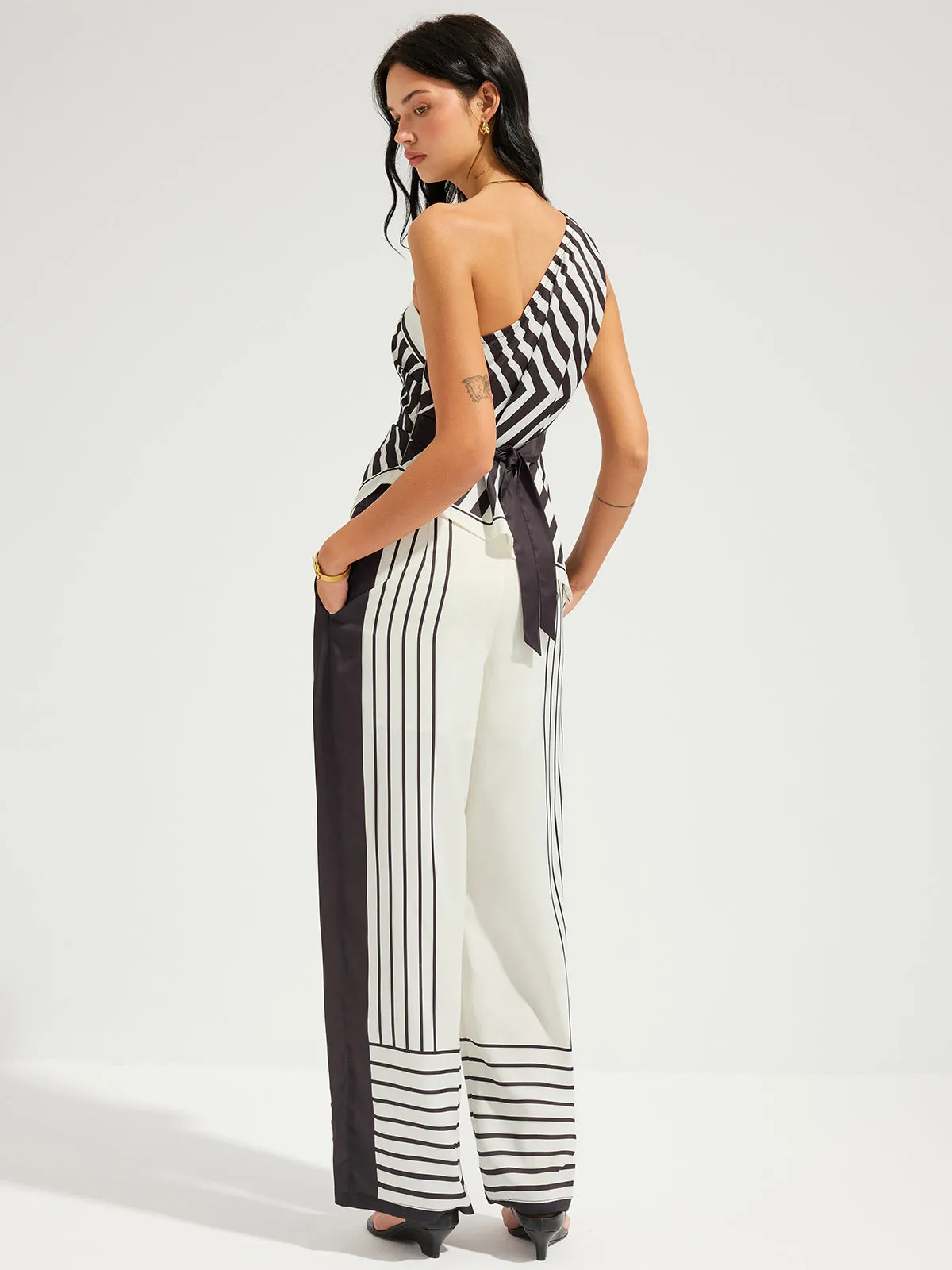 Striped One-Shoulder Top & Pants Set sold by COMMENSE product image thumbnail 3