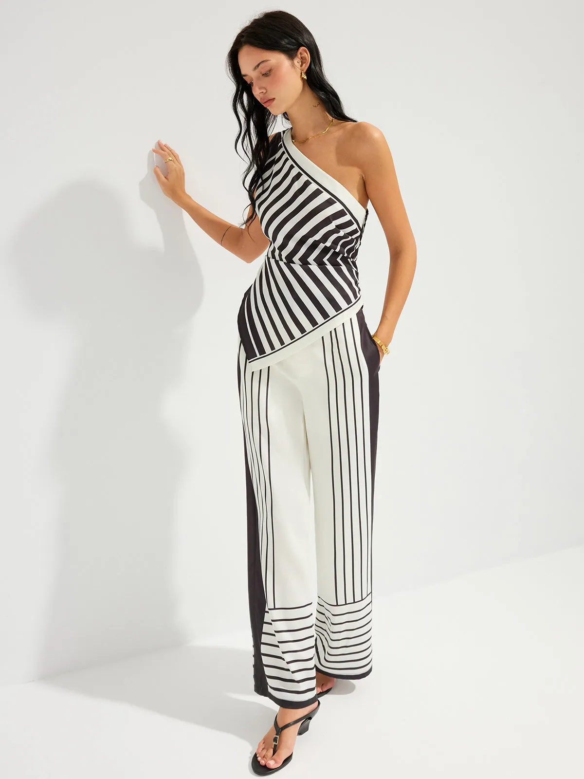 Striped One-Shoulder Top & Pants Set sold by COMMENSE product image thumbnail 4