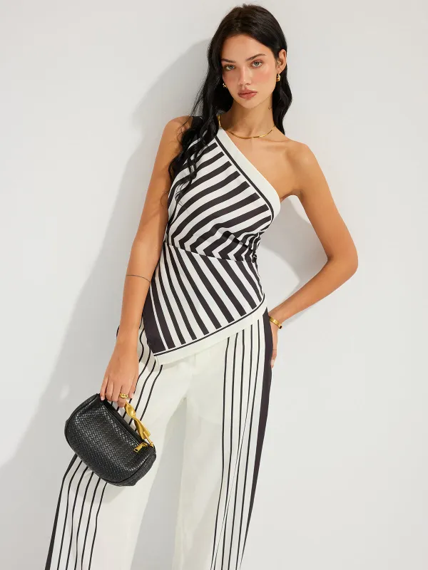 Striped One-Shoulder Top & Pants Set made by COMMENSE