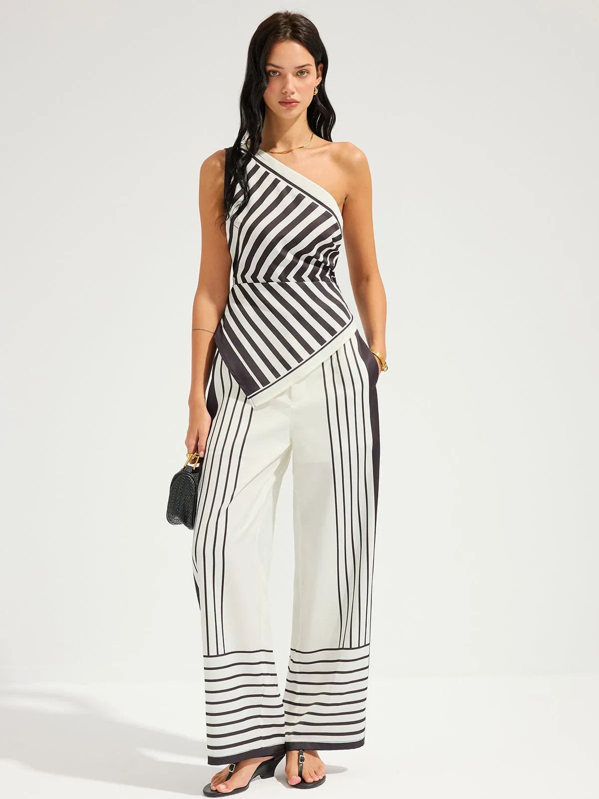 Striped One-Shoulder Top & Pants Set sold by COMMENSE product image thumbnail 2