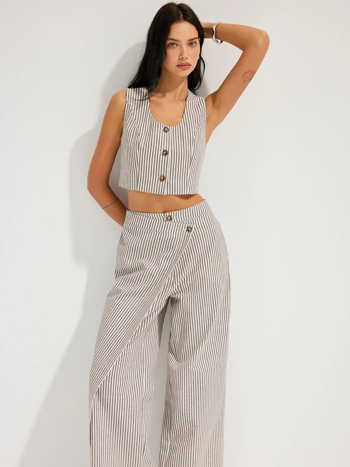 Striped Cotton Linen Vest & Asymmetrical Pants Set sold by COMMENSE product image thumbnail 2