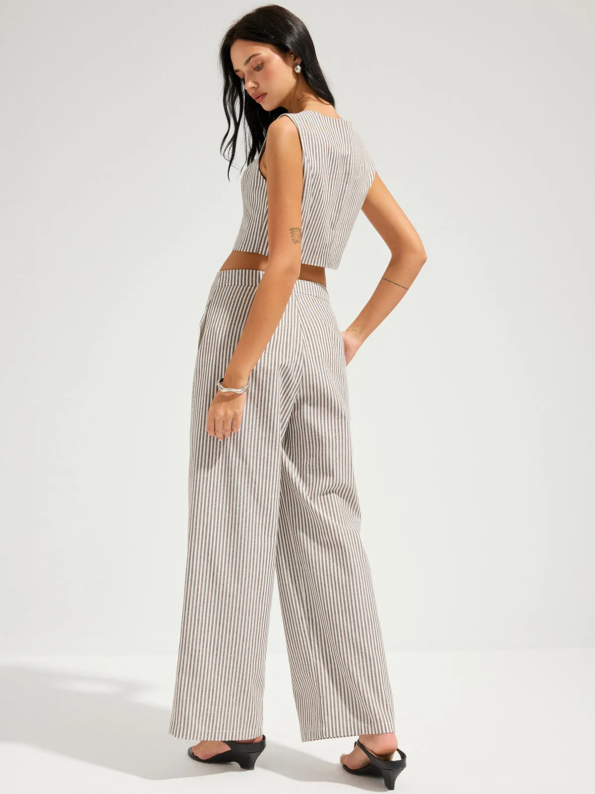 Striped Cotton Linen Vest & Asymmetrical Pants Set sold by COMMENSE product image thumbnail 5