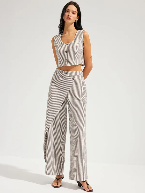 Striped Cotton Linen Vest & Asymmetrical Pants Set made by COMMENSE