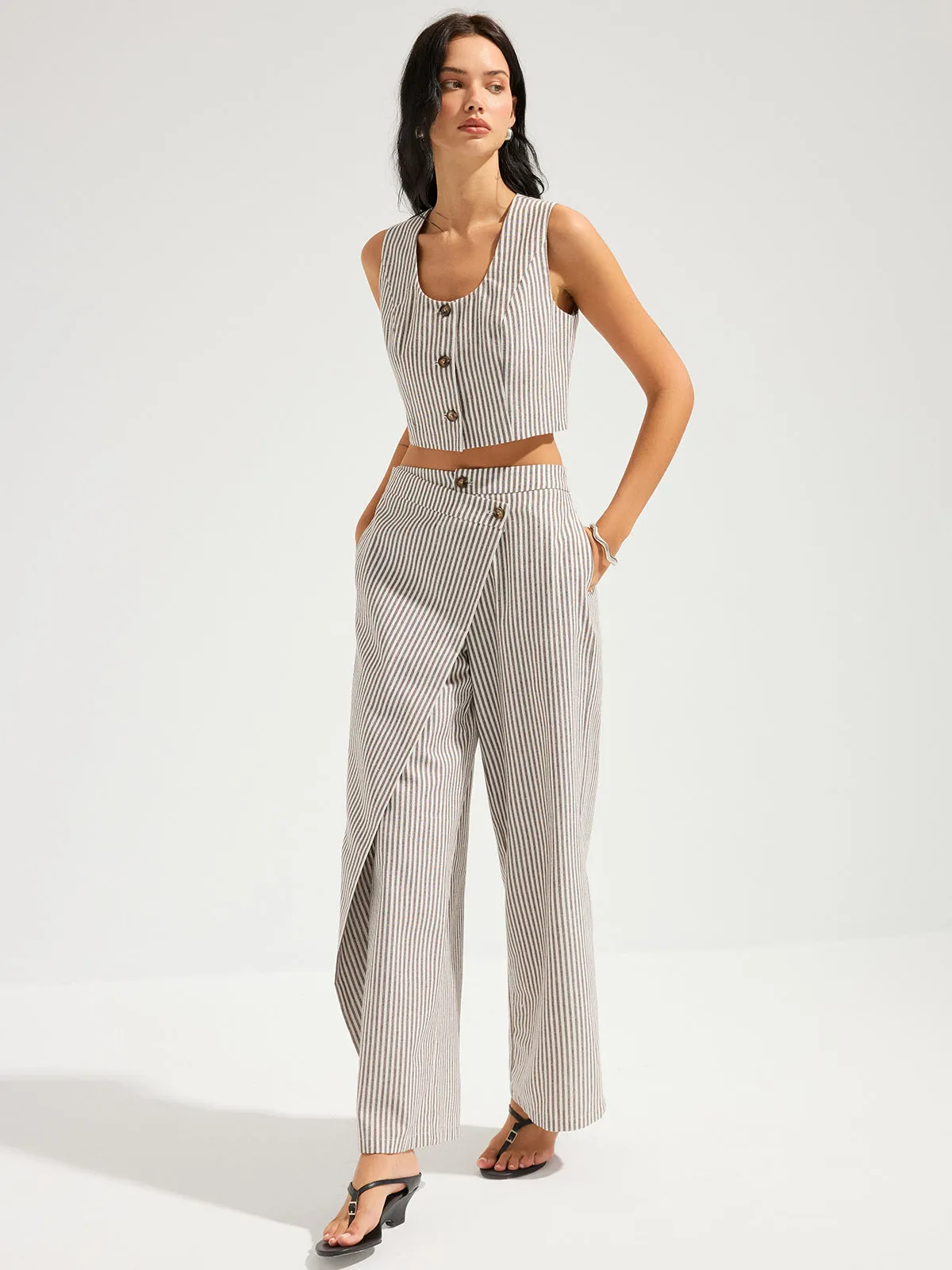 Striped Cotton Linen Vest & Asymmetrical Pants Set sold by COMMENSE product image thumbnail 3