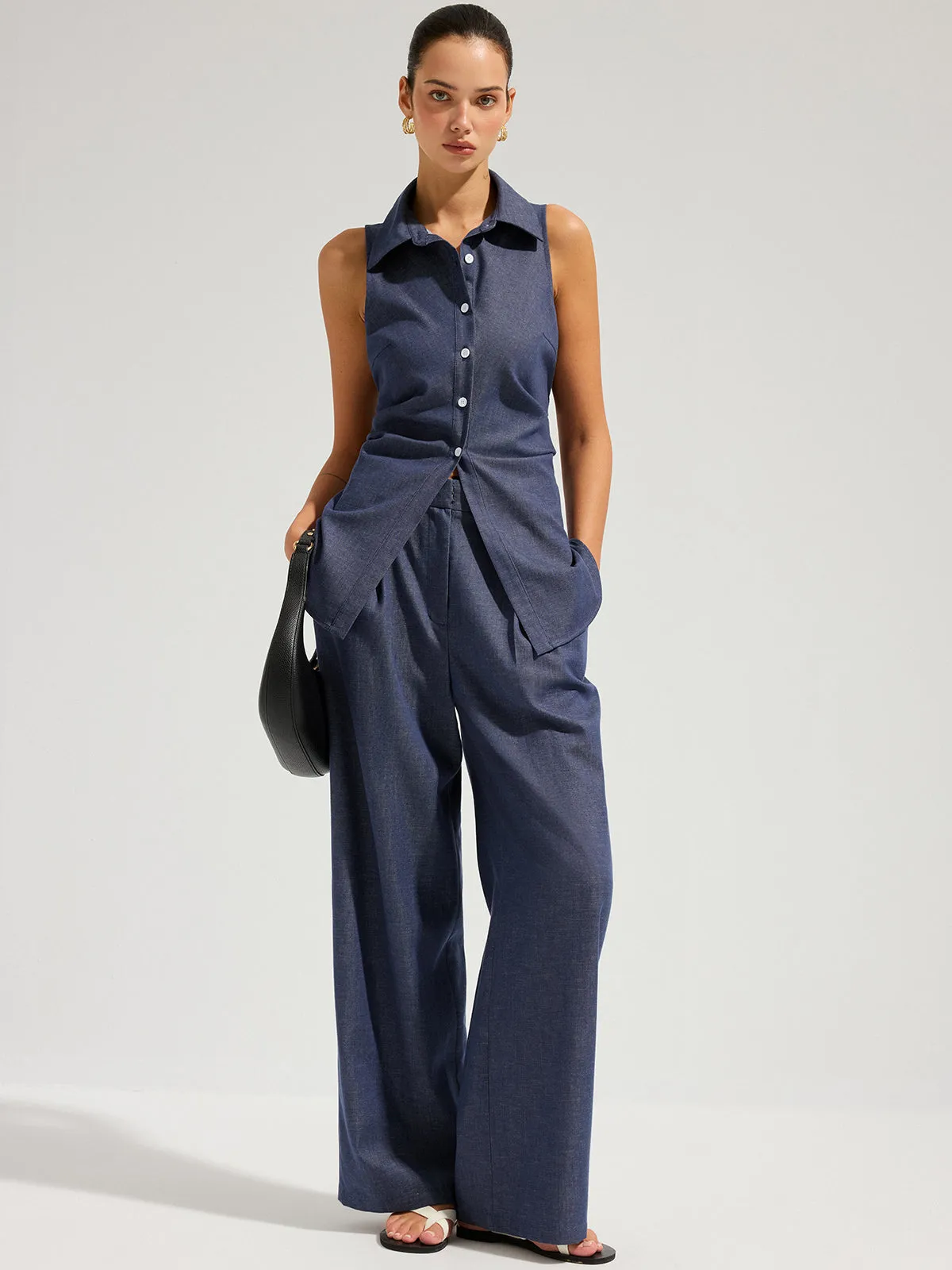 Denim Sleeveless Tie-Back Shirt & Pants Set sold by COMMENSE product image thumbnail 2