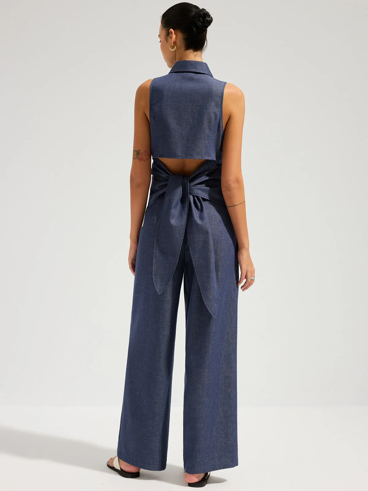 Denim Sleeveless Tie-Back Shirt & Pants Set sold by COMMENSE product image thumbnail 3