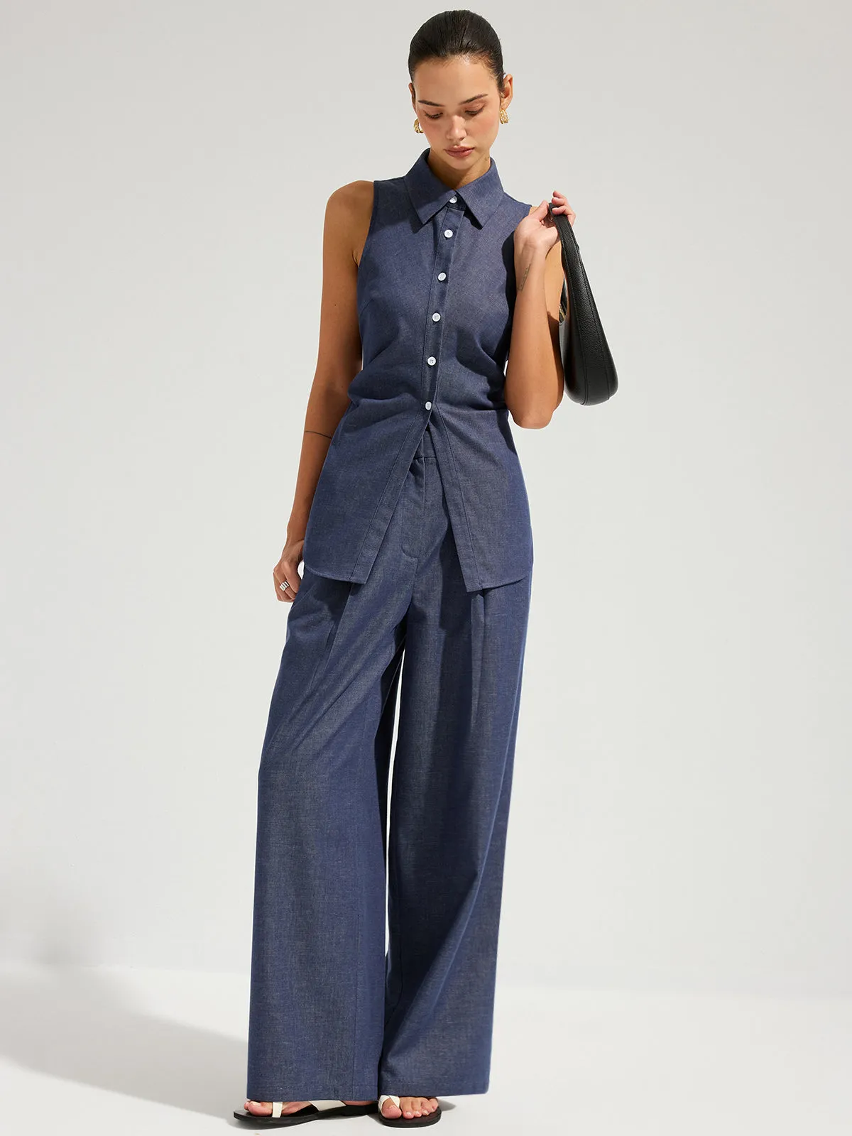Denim Sleeveless Tie-Back Shirt & Pants Set sold by COMMENSE product image thumbnail 4