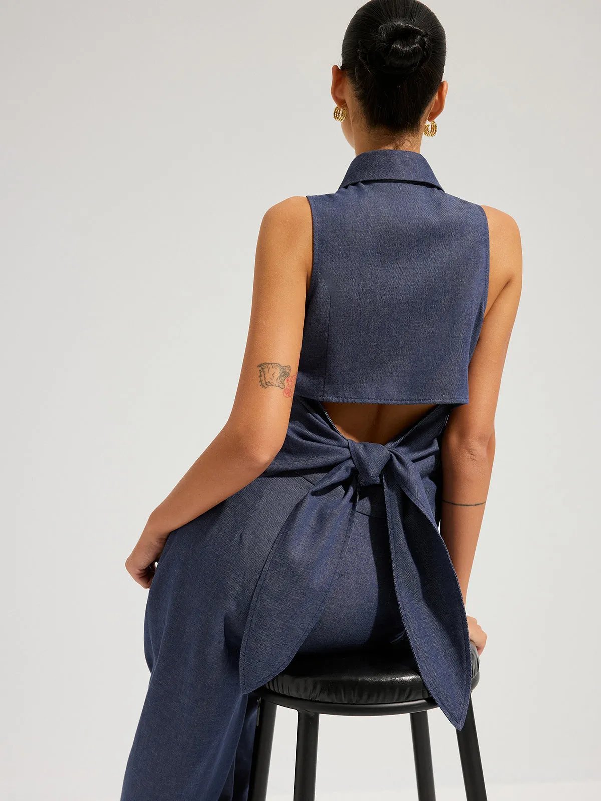 Denim Sleeveless Tie-Back Shirt & Pants Set sold by COMMENSE