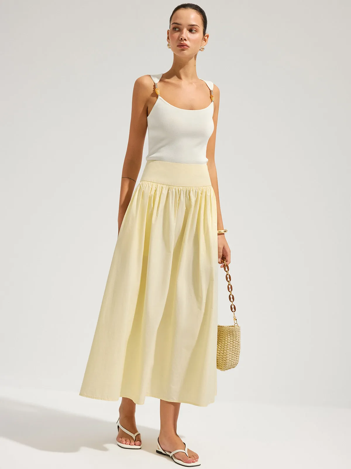 Cotton High Waist Gathered Midi Skirt sold by COMMENSE product image thumbnail 4