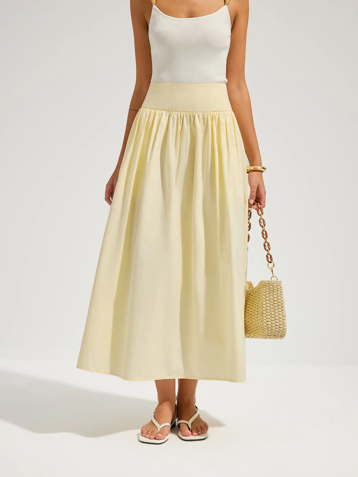 Cotton High Waist Gathered Midi Skirt sold by COMMENSE