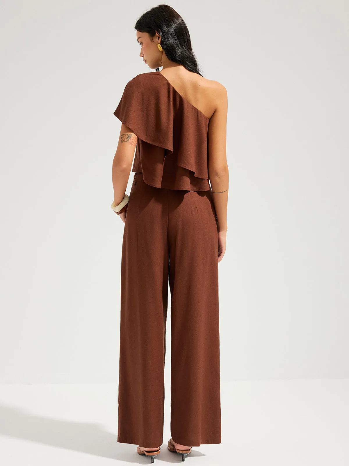 Linen-Blend One-Shoulder Ruffle Top & Pants Set sold by COMMENSE product image thumbnail 5