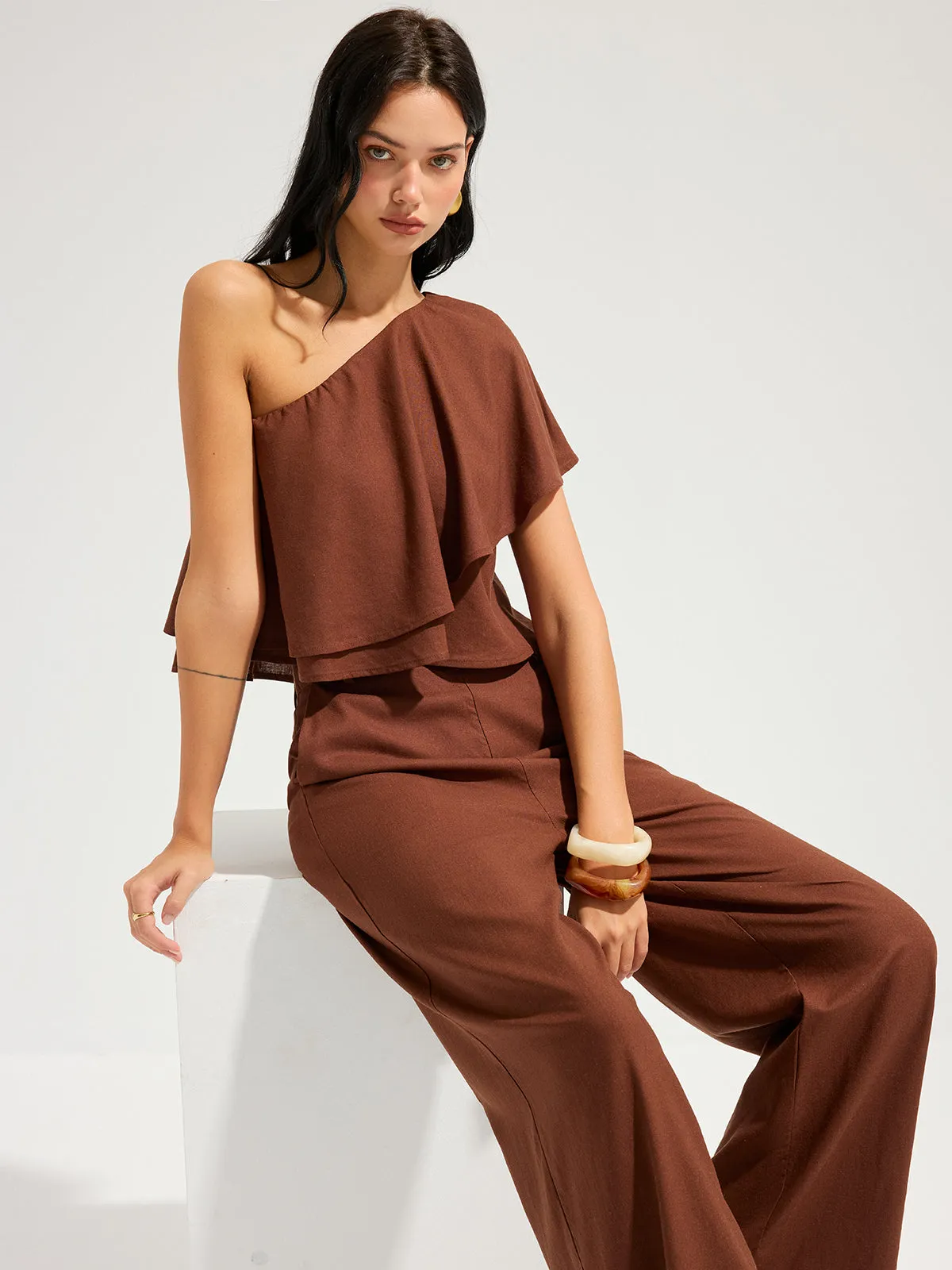 Linen-Blend One-Shoulder Ruffle Top & Pants Set sold by COMMENSE product image thumbnail 2