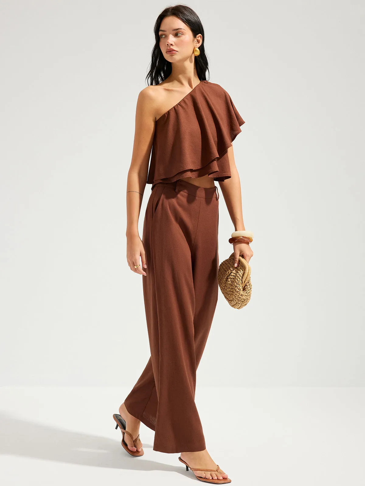 Linen-Blend One-Shoulder Ruffle Top & Pants Set sold by COMMENSE product image thumbnail 3