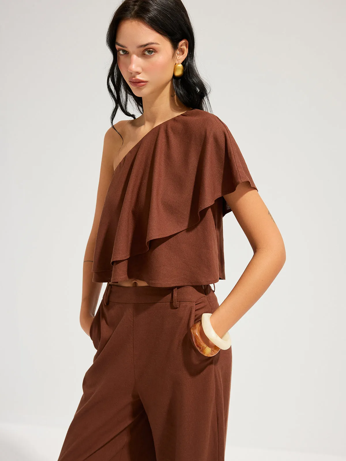 Linen-Blend One-Shoulder Ruffle Top & Pants Set sold by COMMENSE product image thumbnail 4