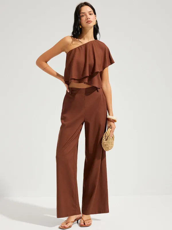 Linen-Blend One-Shoulder Ruffle Top & Pants Set made by COMMENSE