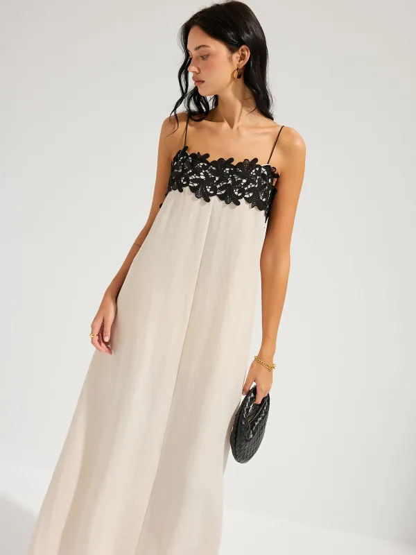 Lace Trim Linen-Blend Cami Maxi Dress made by COMMENSE