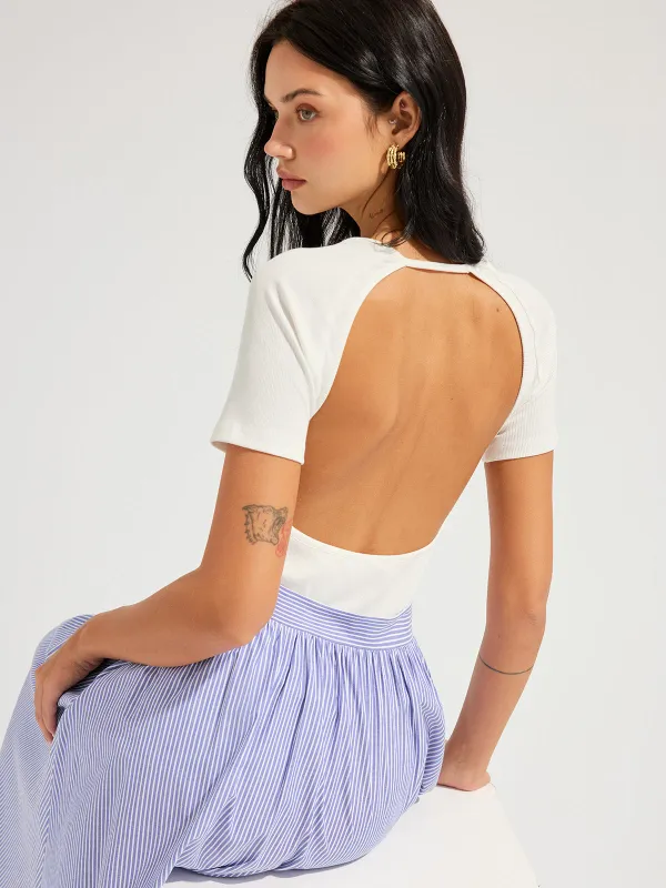 Ribbed Open Back Short Sleeve Top made by COMMENSE