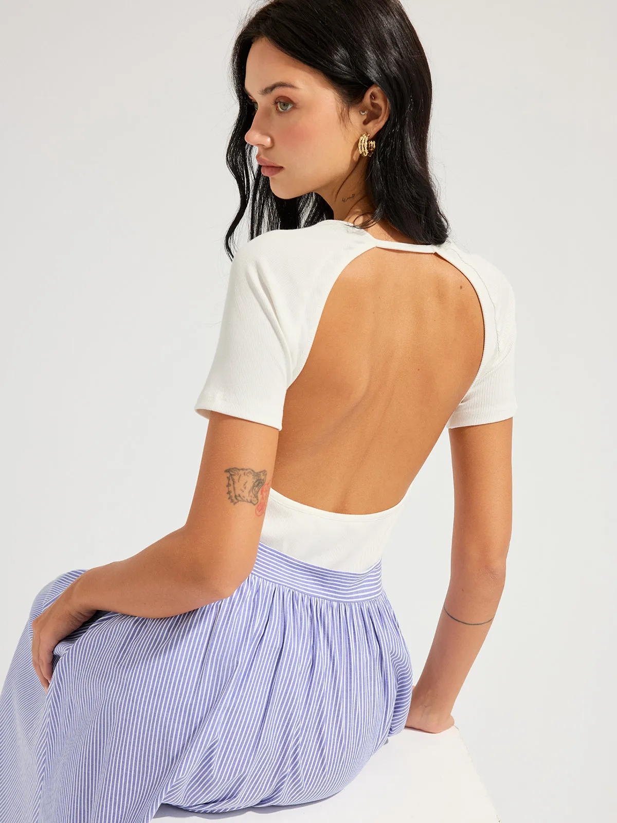 Ribbed Open Back Short Sleeve Top sold by COMMENSE