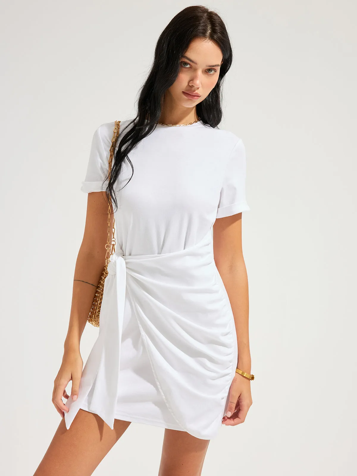 Short Sleeve Knotted Wrap Mini Dress sold by COMMENSE product image thumbnail 3