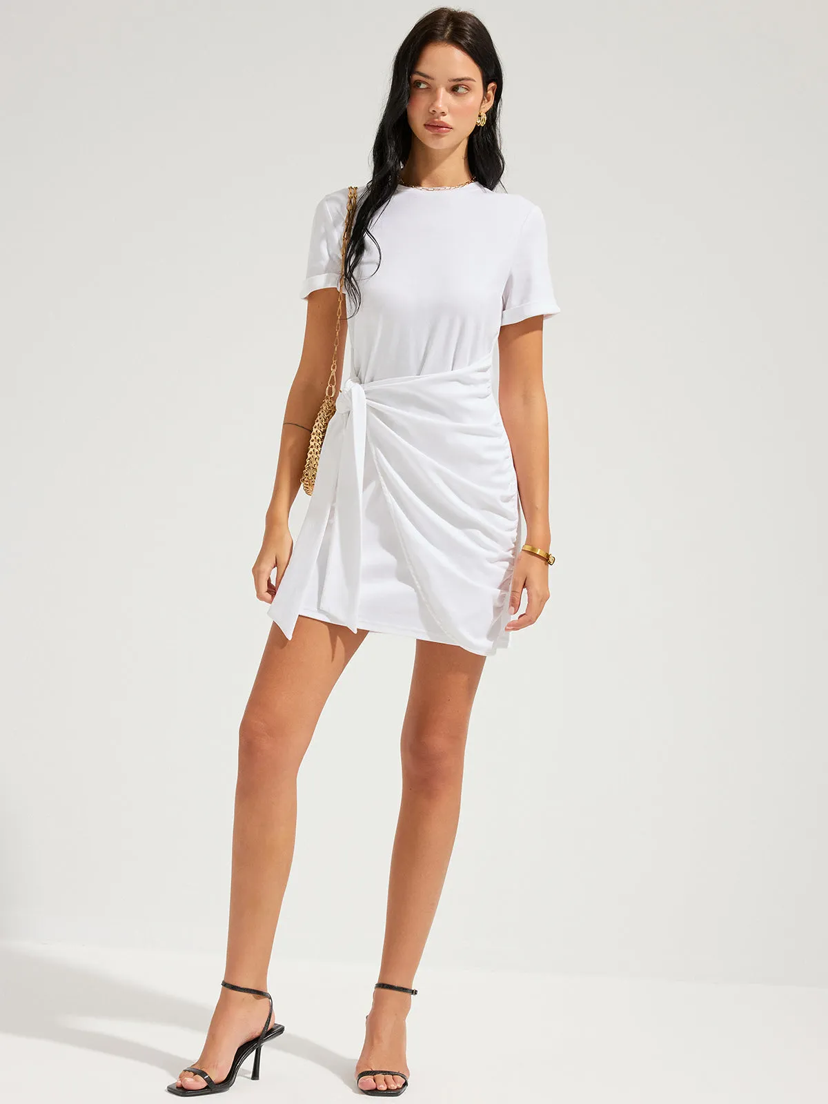 Short Sleeve Knotted Wrap Mini Dress sold by COMMENSE product image thumbnail 4