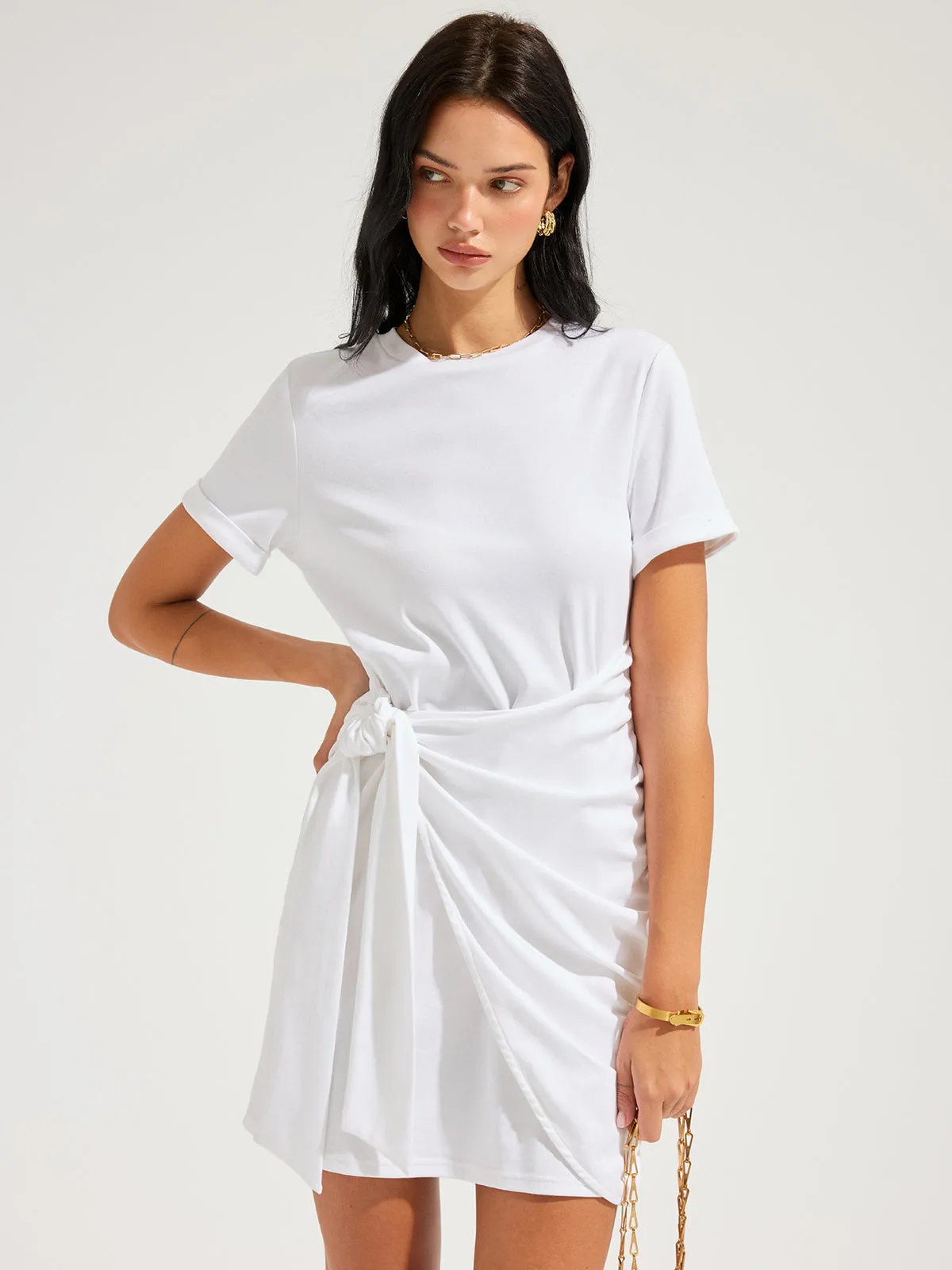 Short Sleeve Knotted Wrap Mini Dress sold by COMMENSE