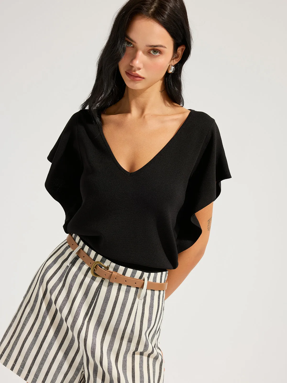 V-Neck Flutter Sleeve Cinched Knitted Tops sold by COMMENSE product image thumbnail 2
