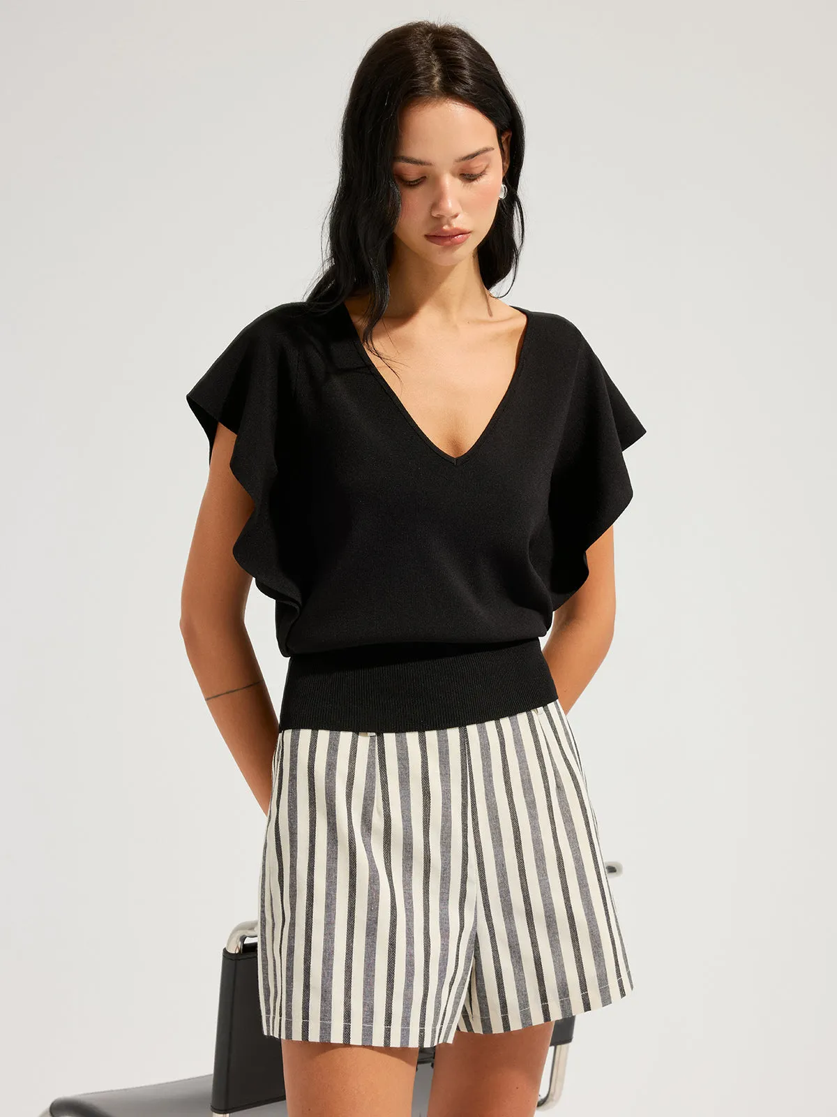 V-Neck Flutter Sleeve Cinched Knitted Tops sold by COMMENSE product image thumbnail 4
