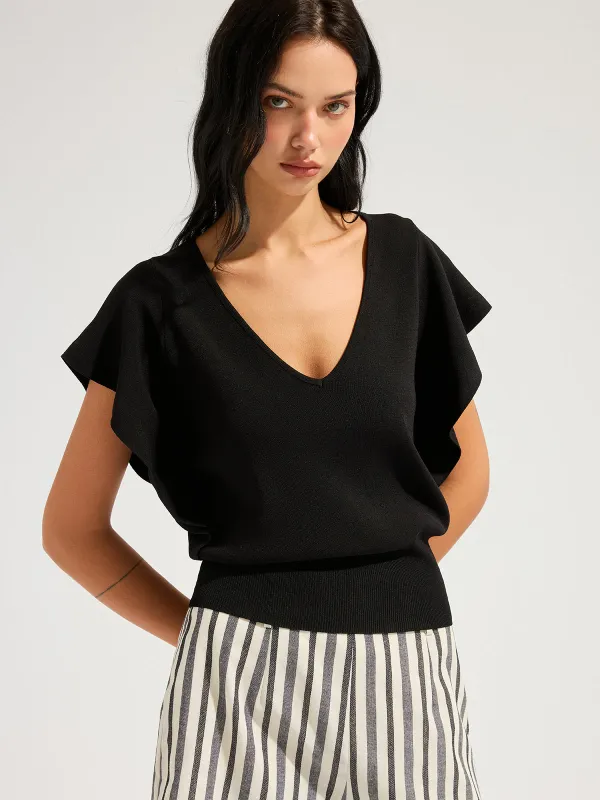 V-Neck Flutter Sleeve Cinched Knitted Tops made by COMMENSE