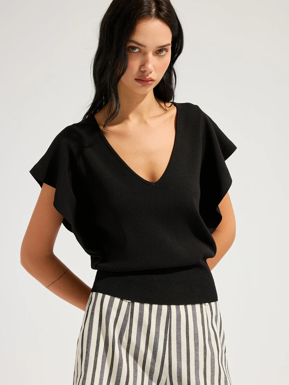 V-Neck Flutter Sleeve Cinched Knitted Tops sold by COMMENSE