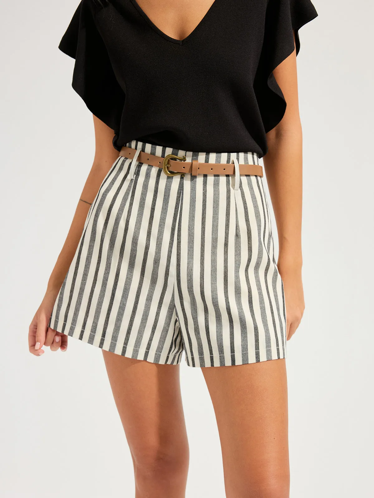 Striped Cotton Linen Belted Shorts sold by COMMENSE
