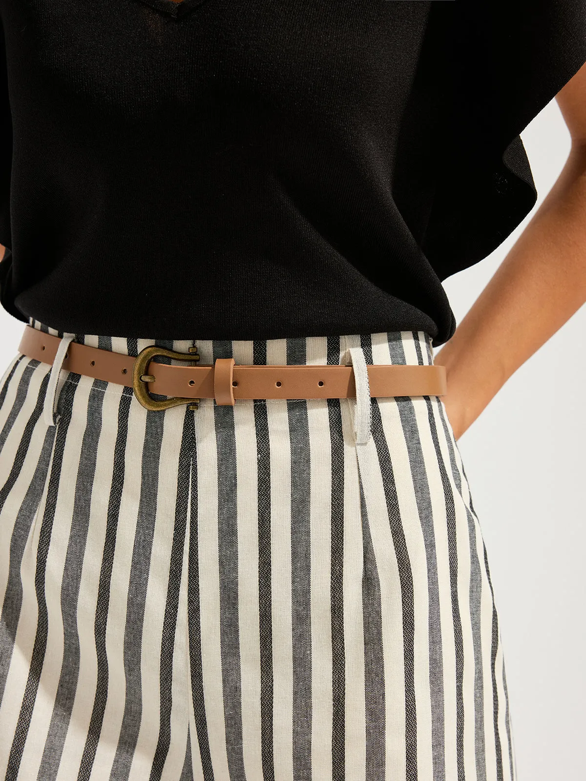 Striped Cotton Linen Belted Shorts sold by COMMENSE product image thumbnail 5