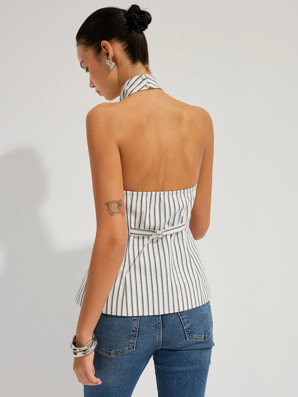 Striped Cotton Buttoned Halter Vest sold by COMMENSE product image thumbnail 5