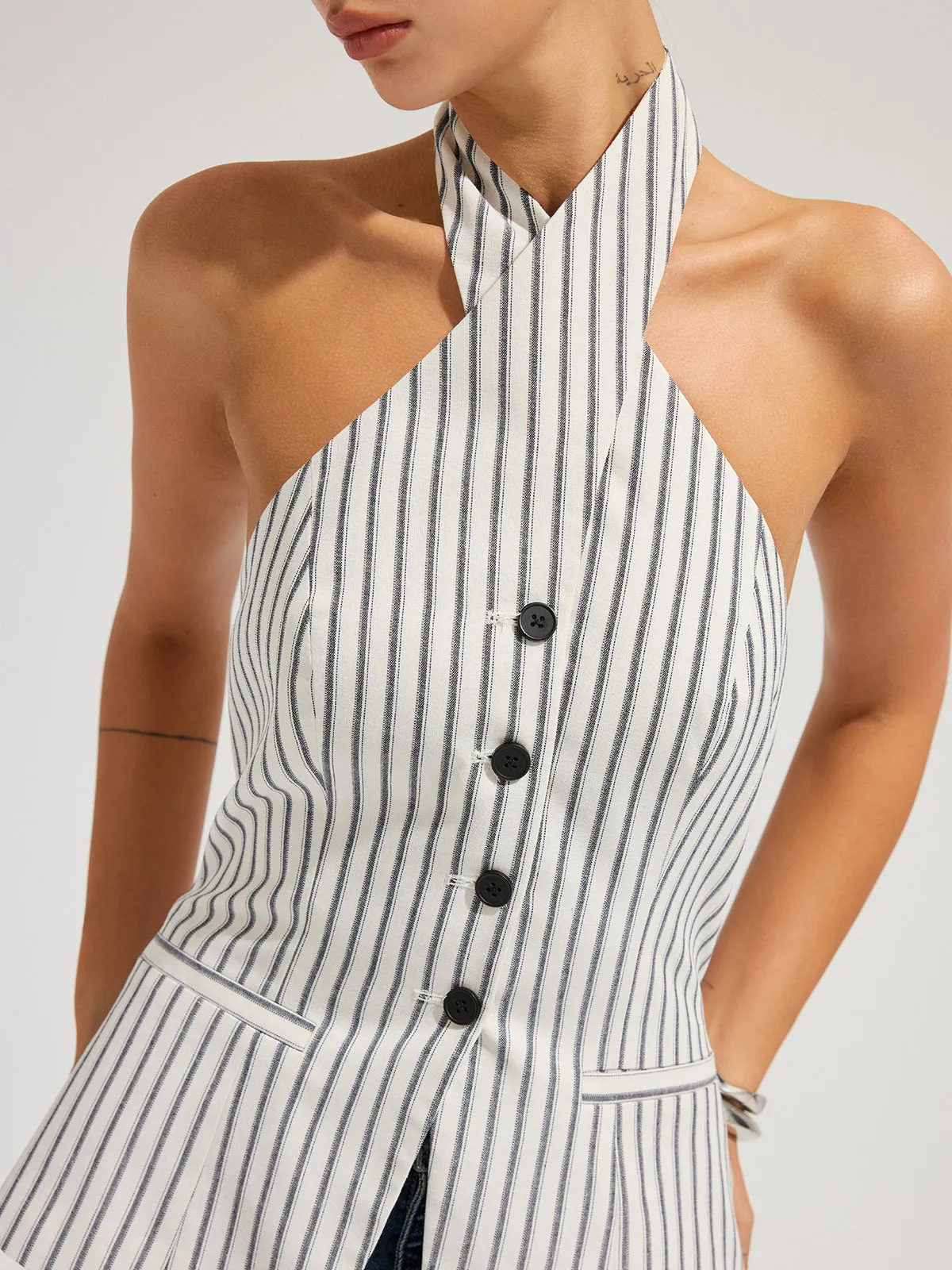 Striped Cotton Buttoned Halter Vest sold by COMMENSE product image thumbnail 2