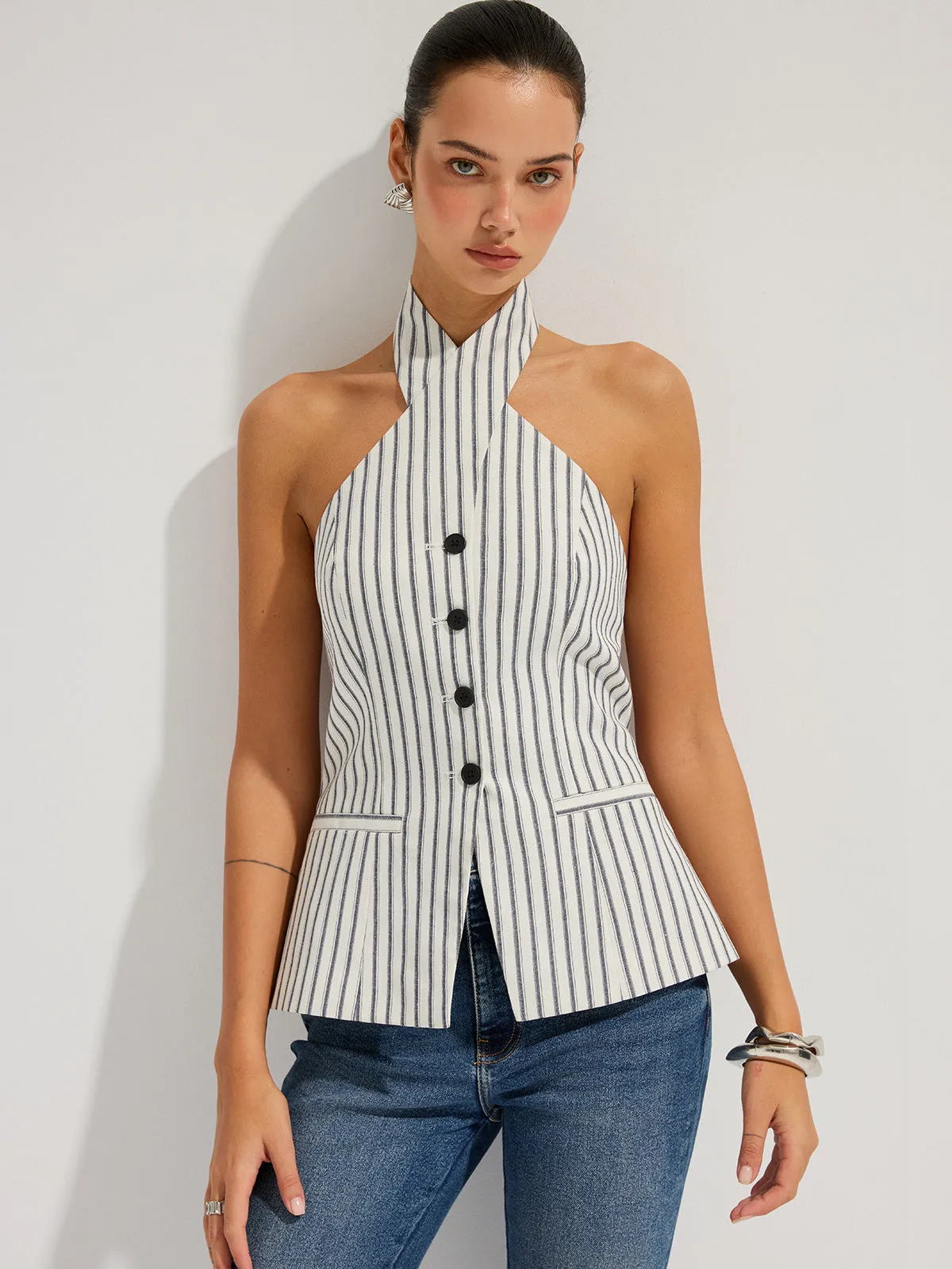 Striped Cotton Buttoned Halter Vest sold by COMMENSE product image thumbnail 3