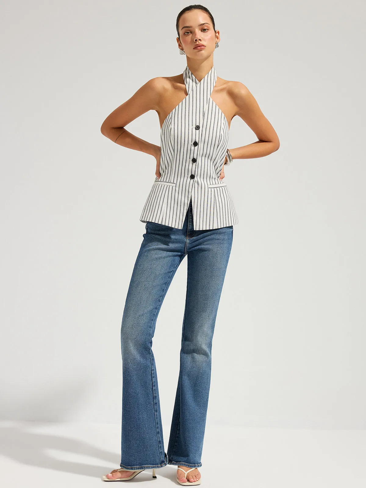 Striped Cotton Buttoned Halter Vest sold by COMMENSE product image thumbnail 4