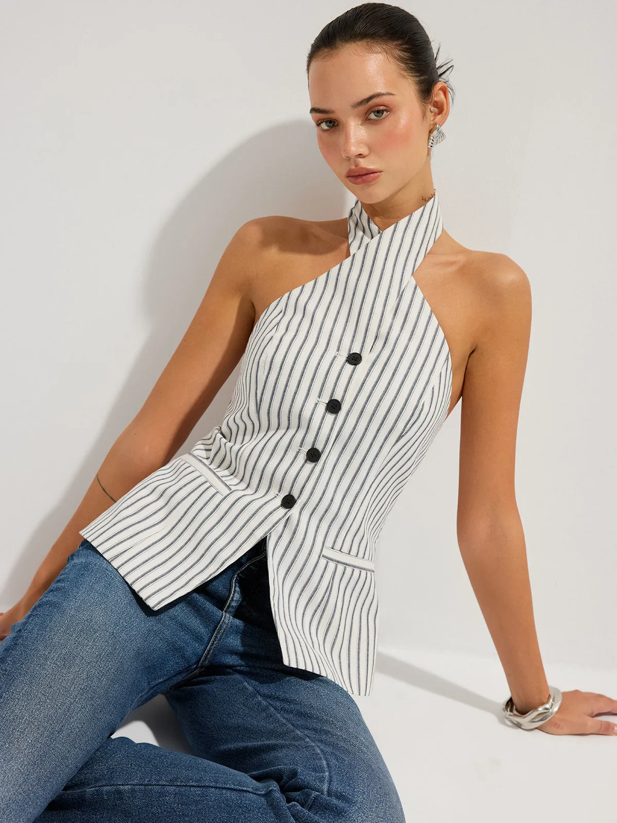 Striped Cotton Buttoned Halter Vest sold by COMMENSE