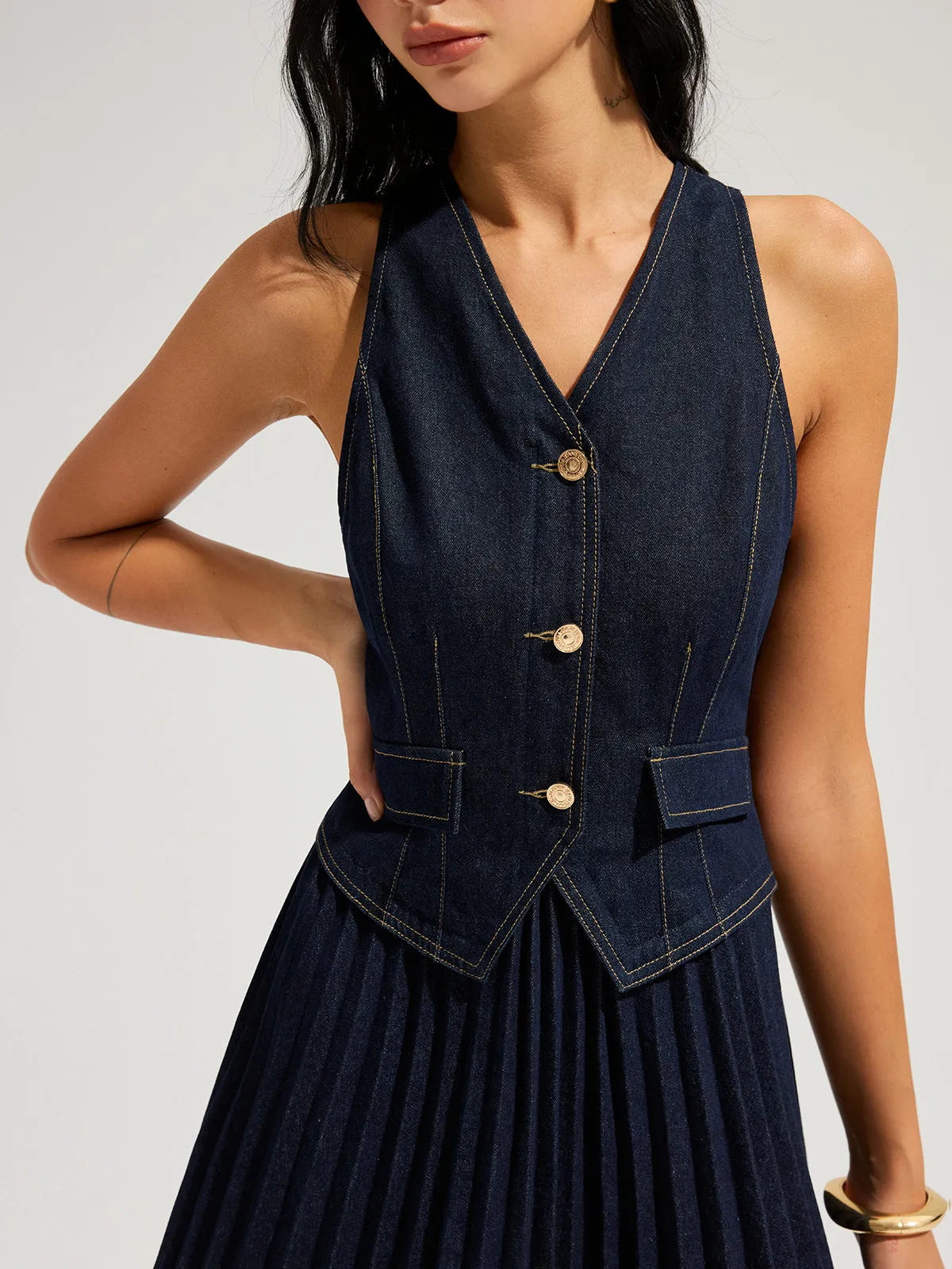 Denim Sleeveless Pleated Mini Dress sold by COMMENSE product image thumbnail 4