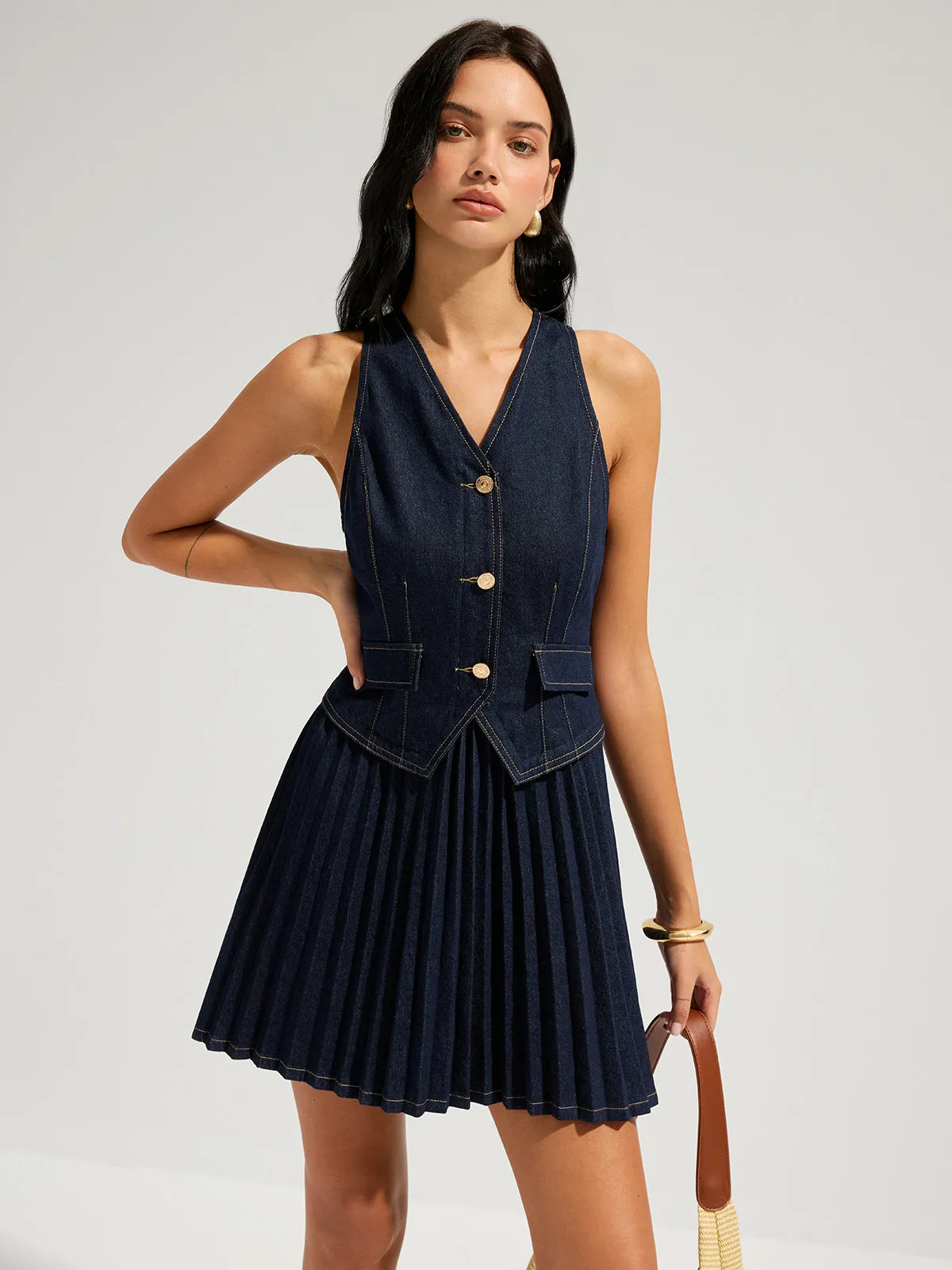 Denim Sleeveless Pleated Mini Dress sold by COMMENSE