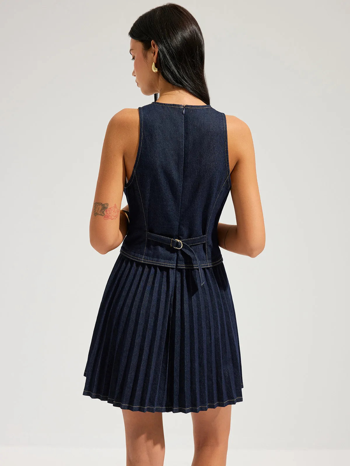 Denim Sleeveless Pleated Mini Dress sold by COMMENSE product image thumbnail 5