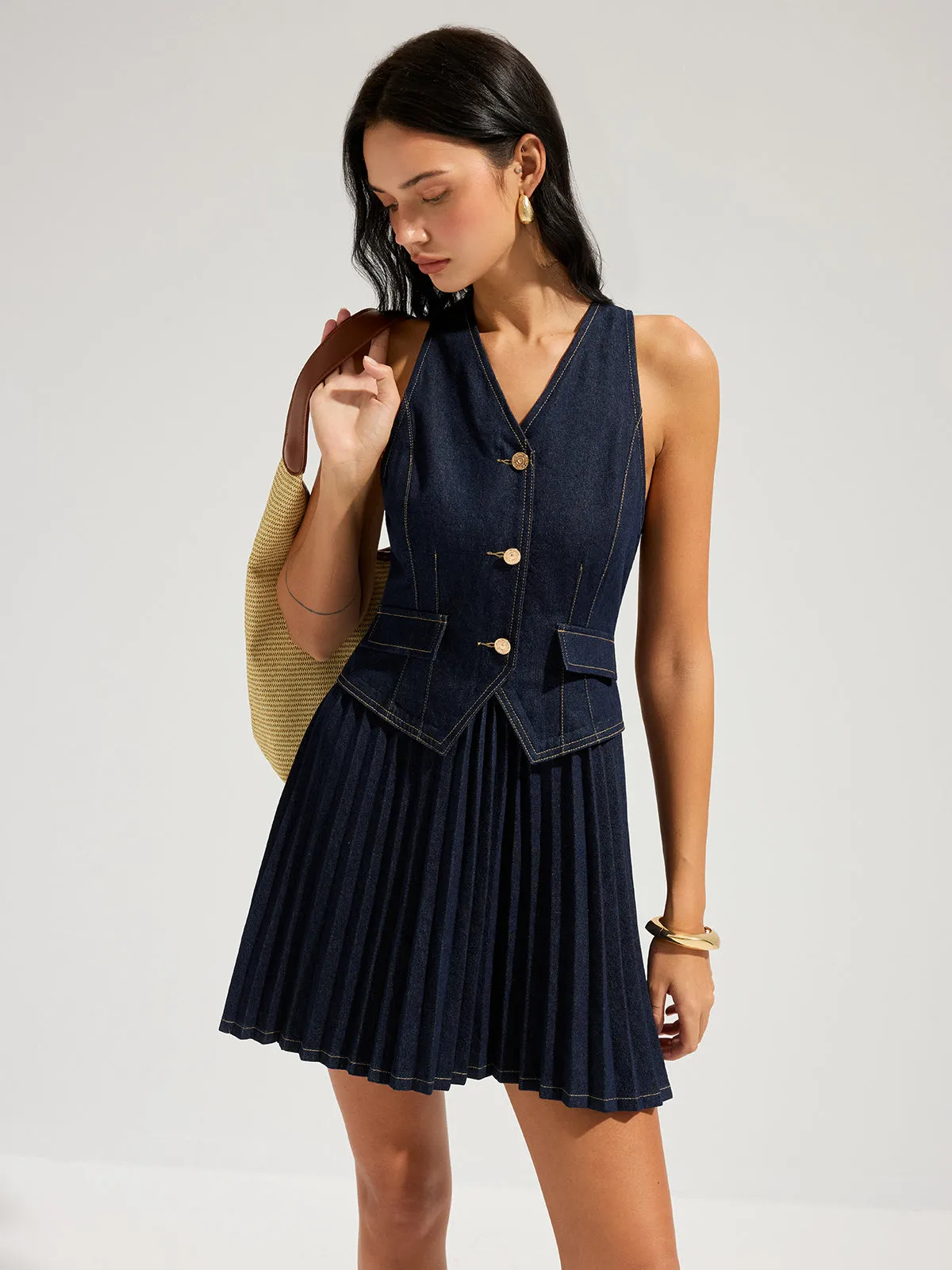 Denim Sleeveless Pleated Mini Dress sold by COMMENSE product image thumbnail 3