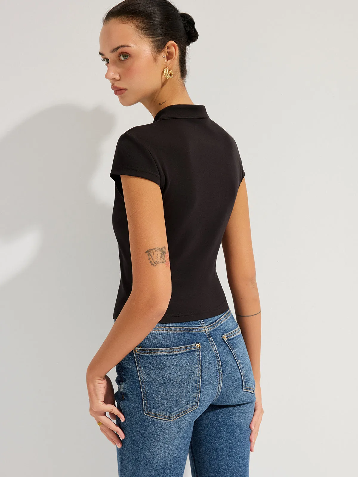 Mandarin Collar Keyhole Short Sleeve Top sold by COMMENSE product image thumbnail 5