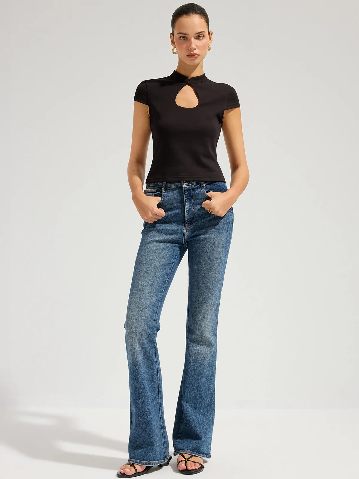 Mandarin Collar Keyhole Short Sleeve Top sold by COMMENSE product image thumbnail 3