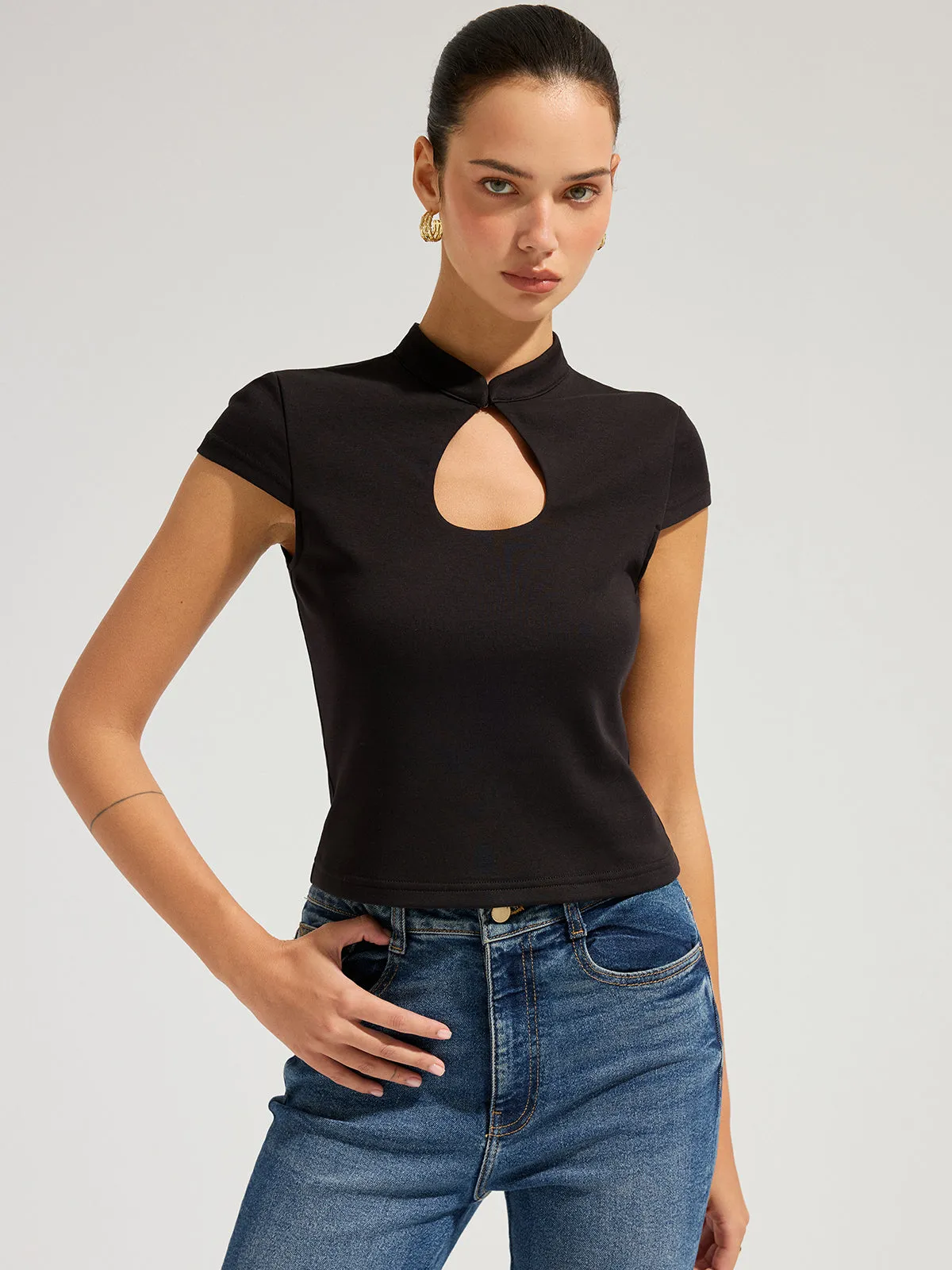 Mandarin Collar Keyhole Short Sleeve Top sold by COMMENSE product image thumbnail 4