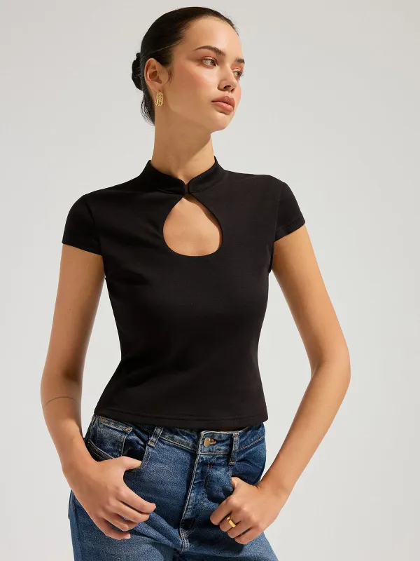Mandarin Collar Keyhole Short Sleeve Top made by COMMENSE