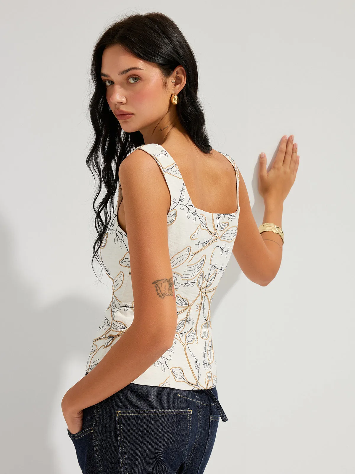 Embroidered Floral Square Neck Tank Top sold by COMMENSE product image thumbnail 3