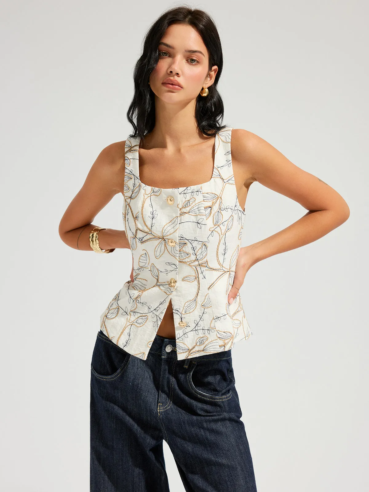 Embroidered Floral Square Neck Tank Top sold by COMMENSE product image thumbnail 4
