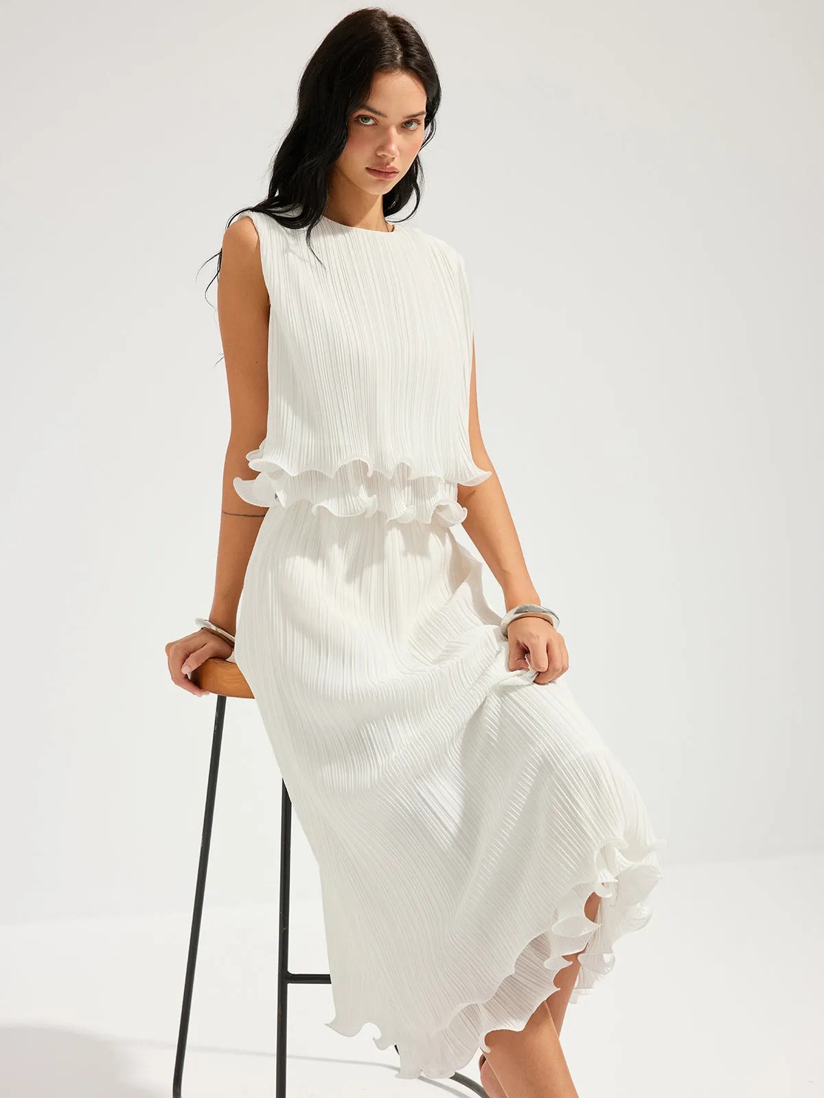 Pleated Ruffle Sleeveless Top & Midi Skirt Set sold by COMMENSE product image thumbnail 2