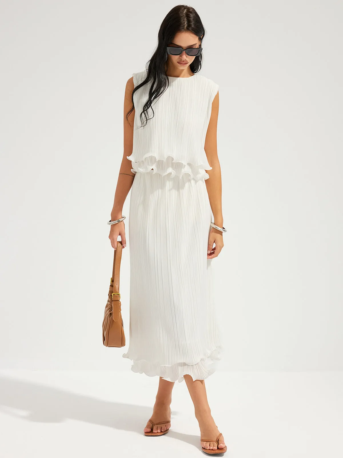 Pleated Ruffle Sleeveless Top & Midi Skirt Set sold by COMMENSE product image thumbnail 3